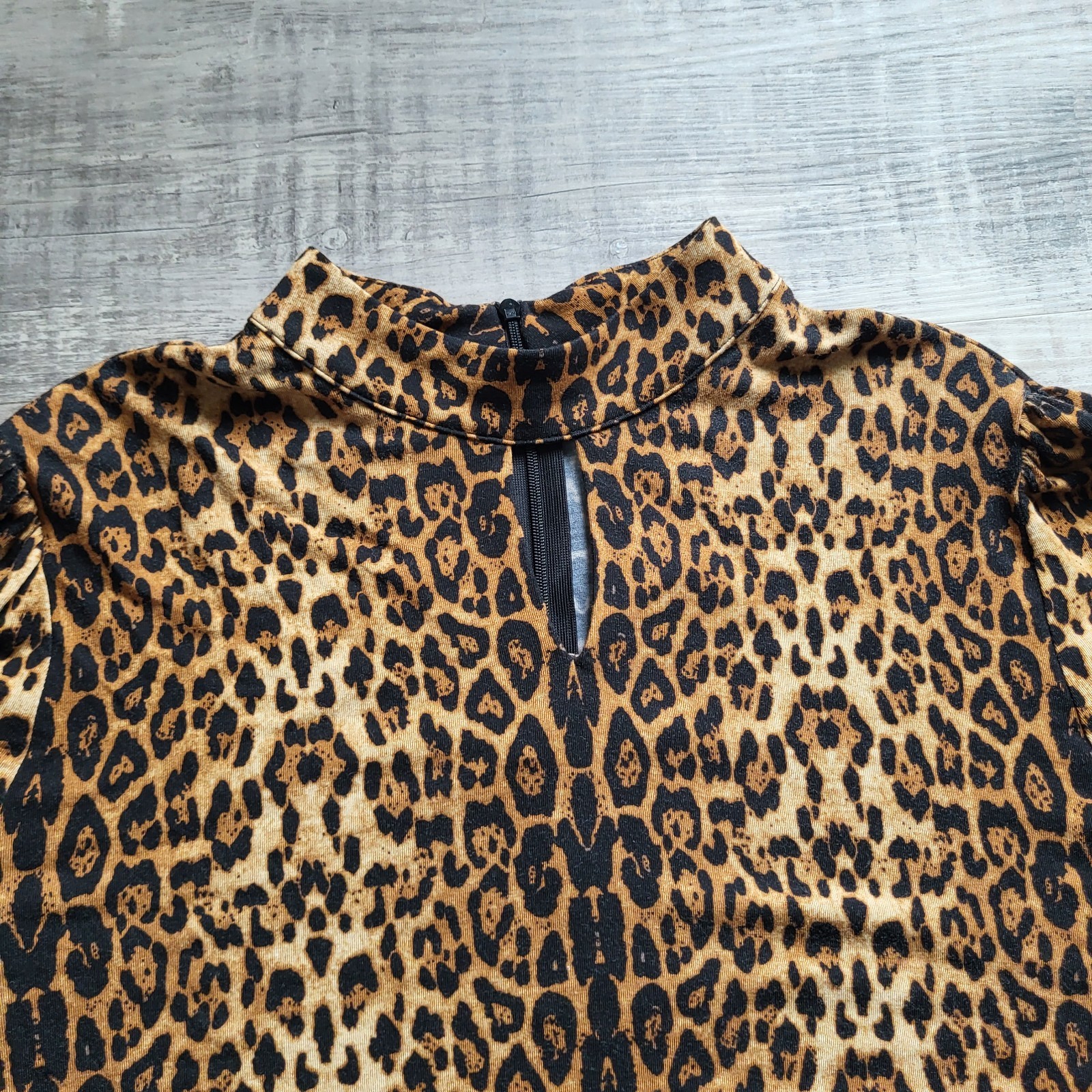 Peter Nygard Leopard Print Shift Dress Large Bell Sleeve Mock Neck Animal Print