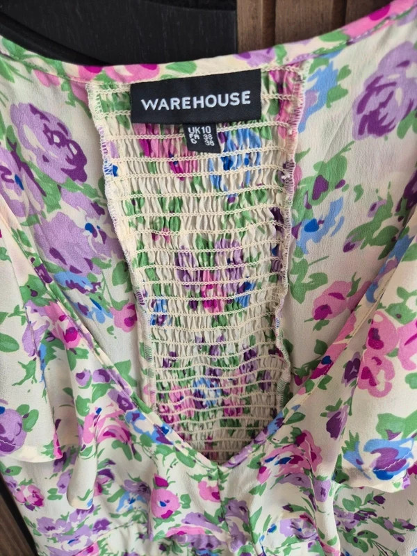 Warehouse Vintage Y2K 100% Silk Cream Purple Floral Tiered Ruffle Dress Size 10