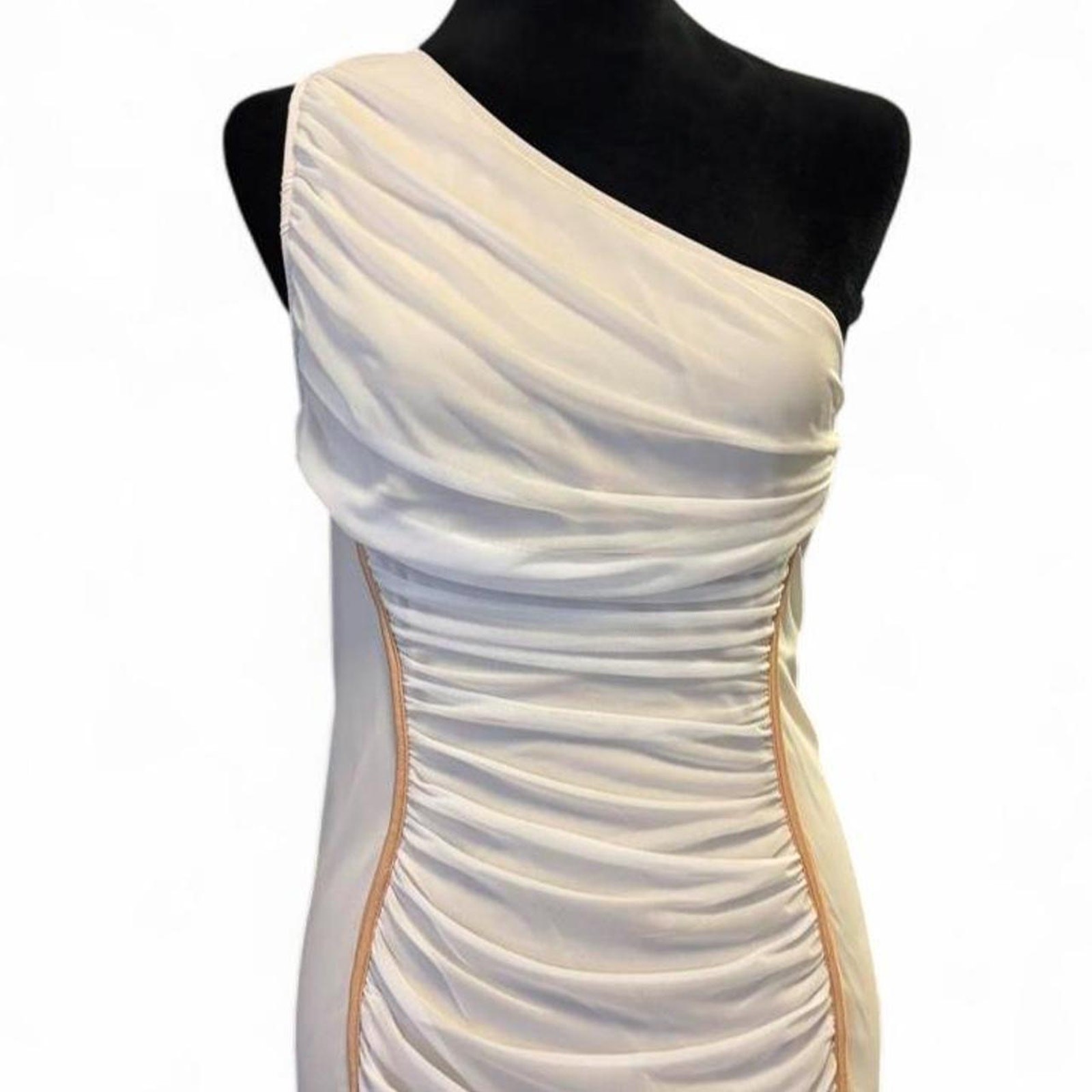 Contemporary Bodycon White One Shoulder Midi Dress – Minimalist Ruched Large