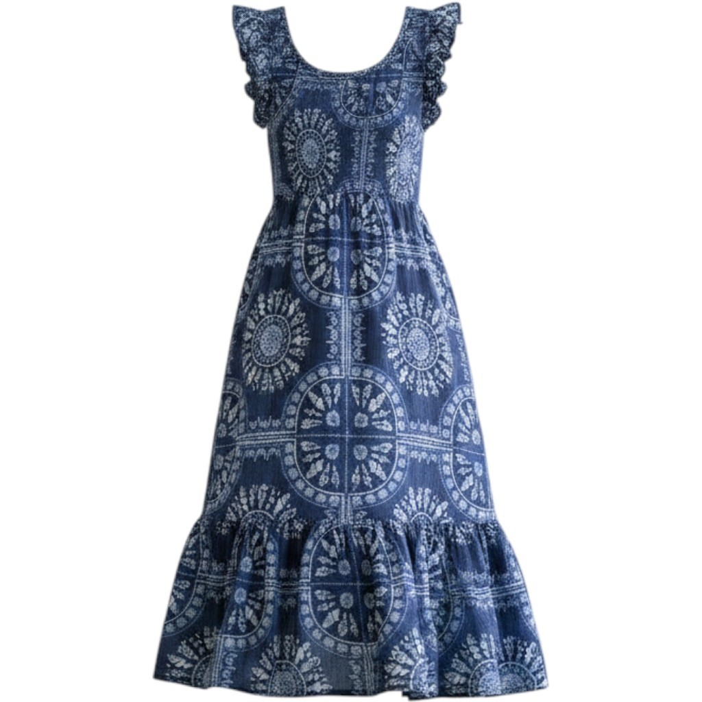 Vineyard Vines Midi Dress Womens XL Blue Scarf Print Smocked Ruffle Tiered Boho