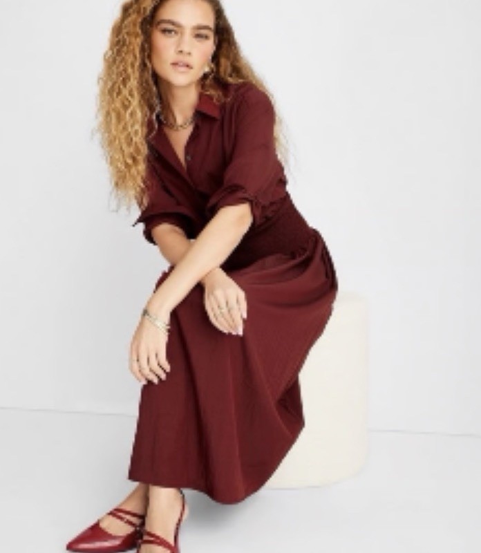Women’s Collared Long Sleeve Smocked Midi Shirtdress – Future Collective Sz S