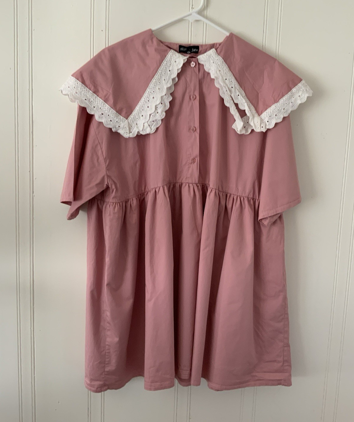 Sister Jane Mini Dress Pink Solid Cotton Eyelet Lace Collar Short Sleeve M