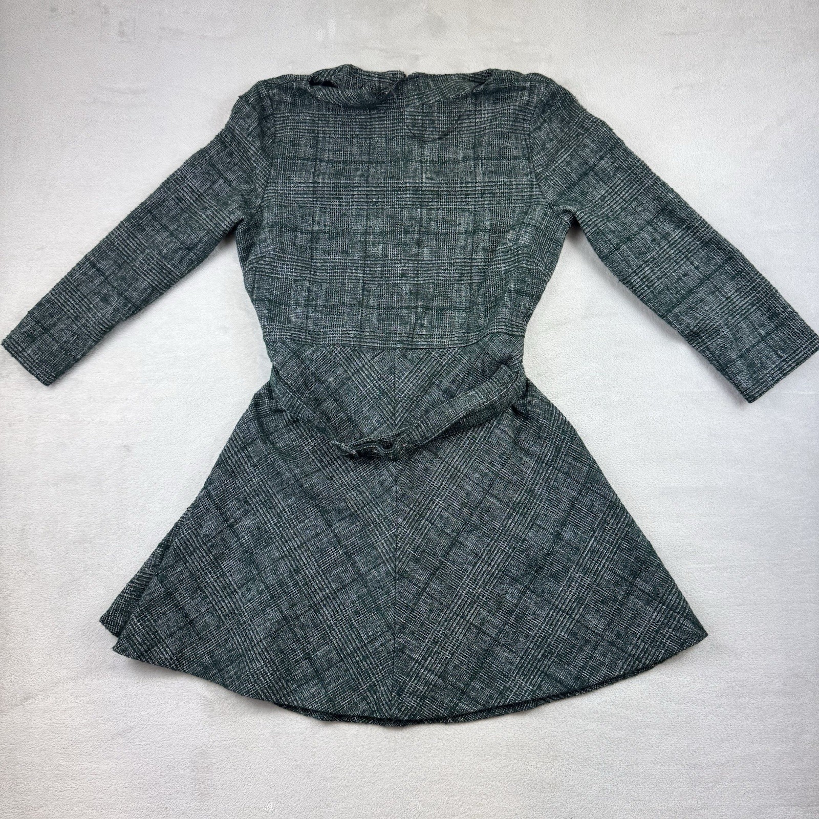 Zara Woman Dress Large L Green Tweed Plaid Fit Flare Long Sleeve Mini Belted