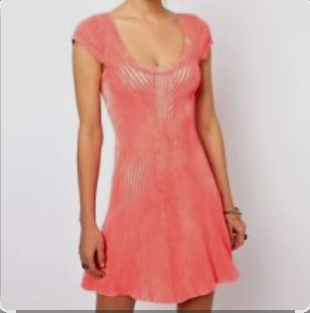 FREE PEOPLE Dress Sz L HOT OFF THE PRESS Pink Beige Striped A-Line Rib Knit $128