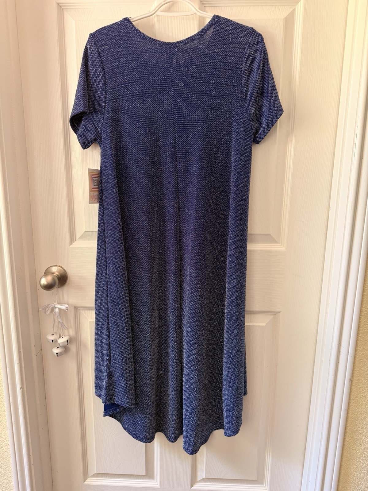LuLaRoe M Blue Solid Carly T-Shirt Dress Pockets Metallic Knit Hi-Low