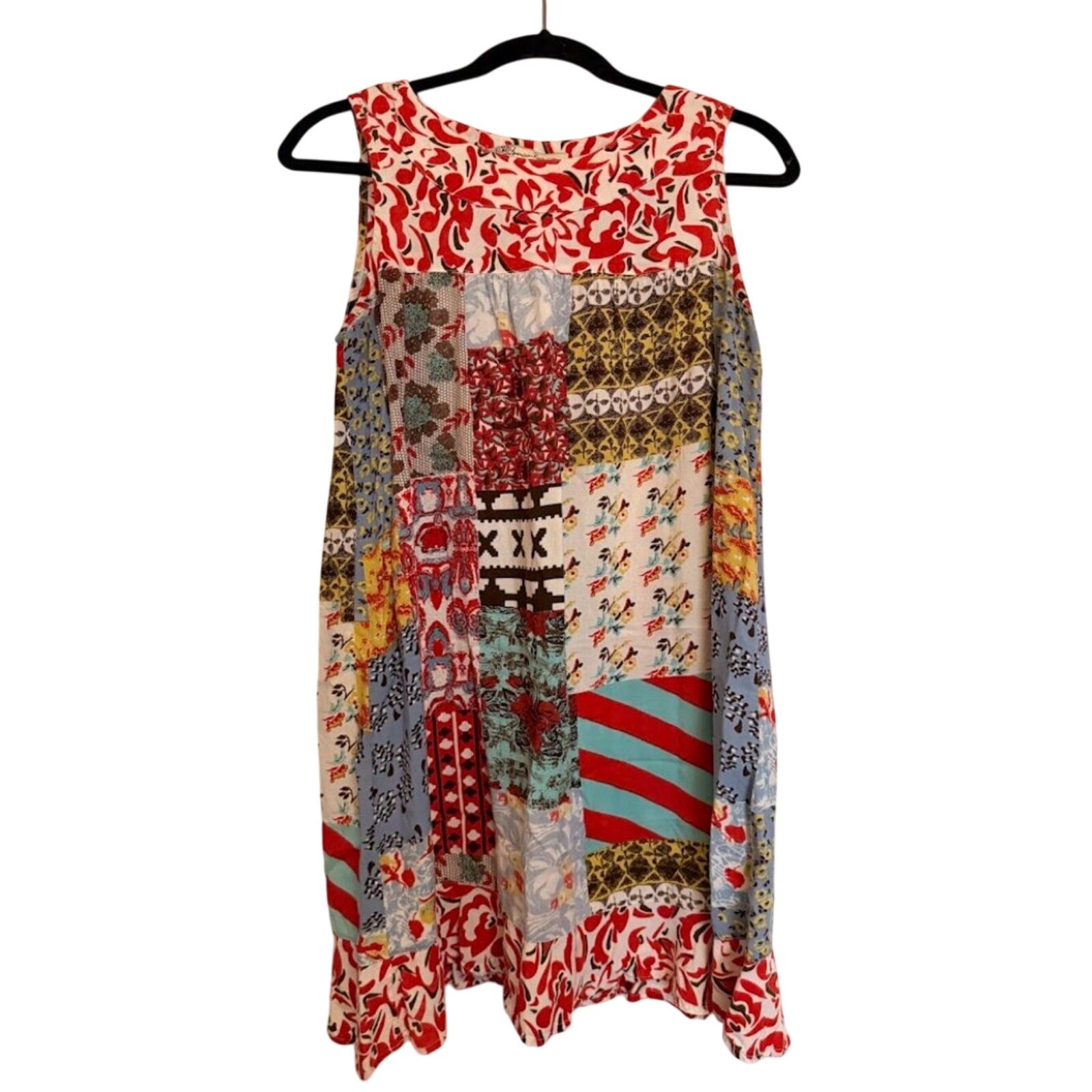 American Rag Patchwork Boho Swing Dress Sleeveless Ruffle Hem Small