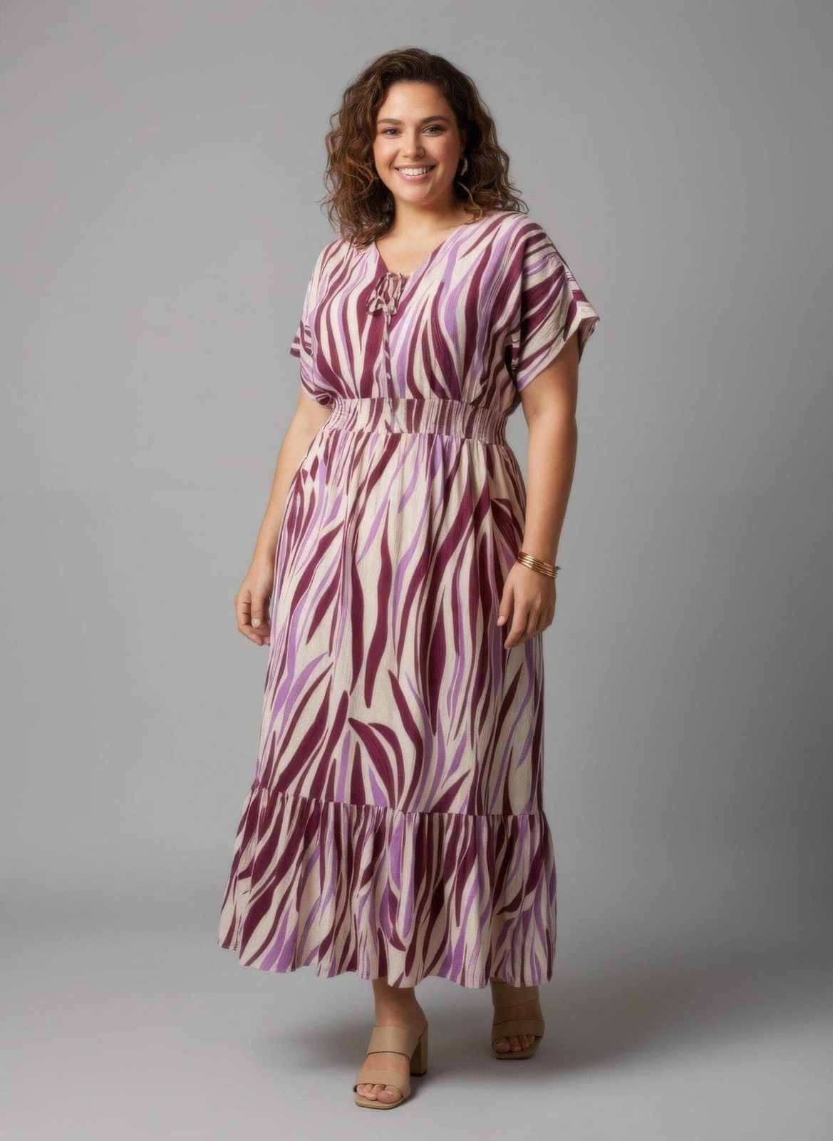Zebra Print Smocked Waist Tiered Midi Dress