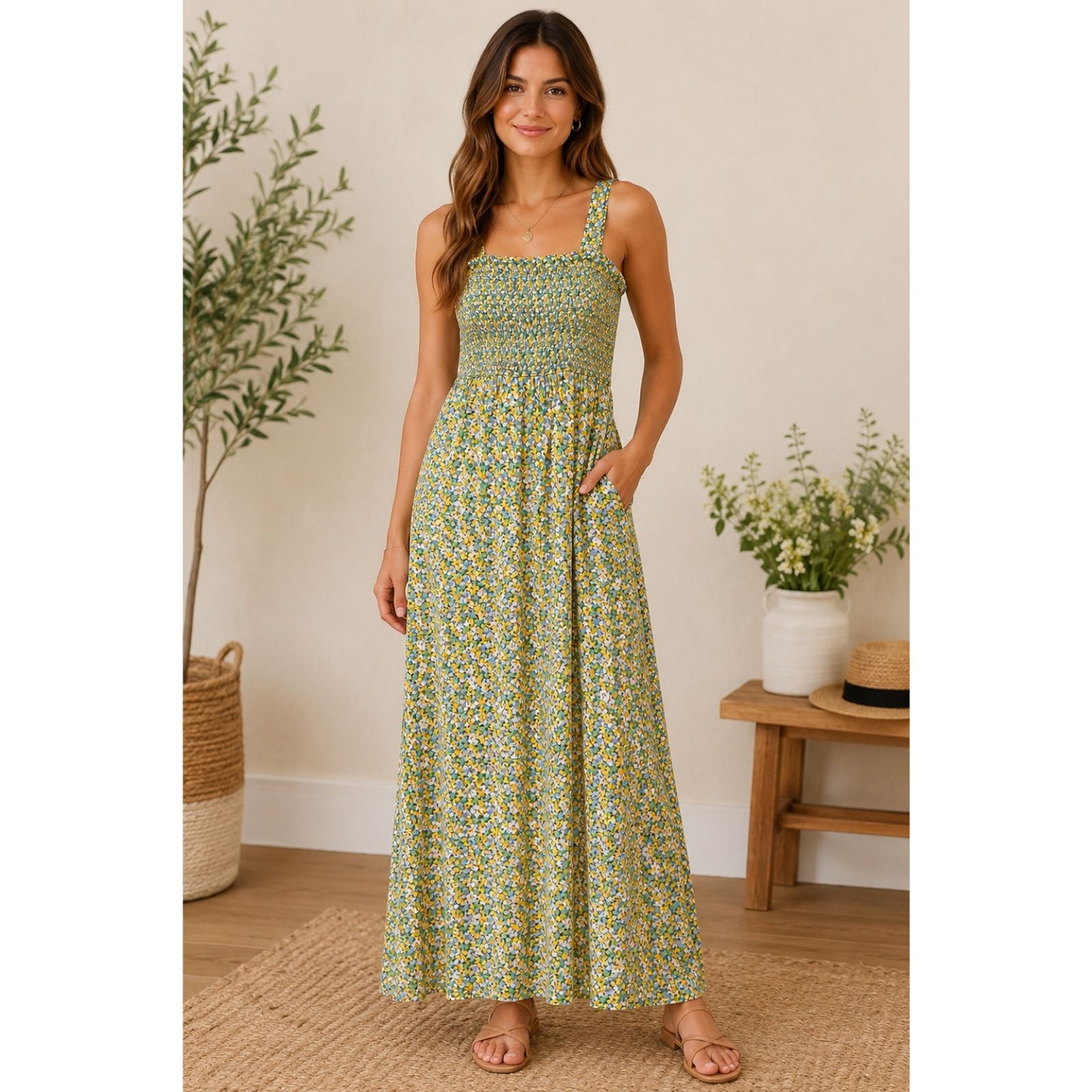 Floral Smocked Maxi Sundress Yellow Blue Daisy Print LOFT Outlet M