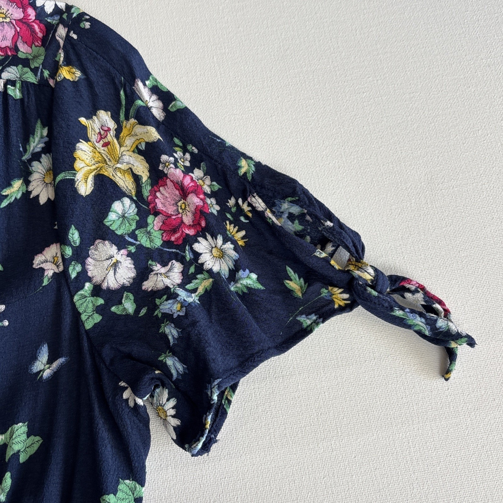 GAP Womens Navy Floral Butterfly V-Neck Midi Dress Short Sleeve Tie Detail M