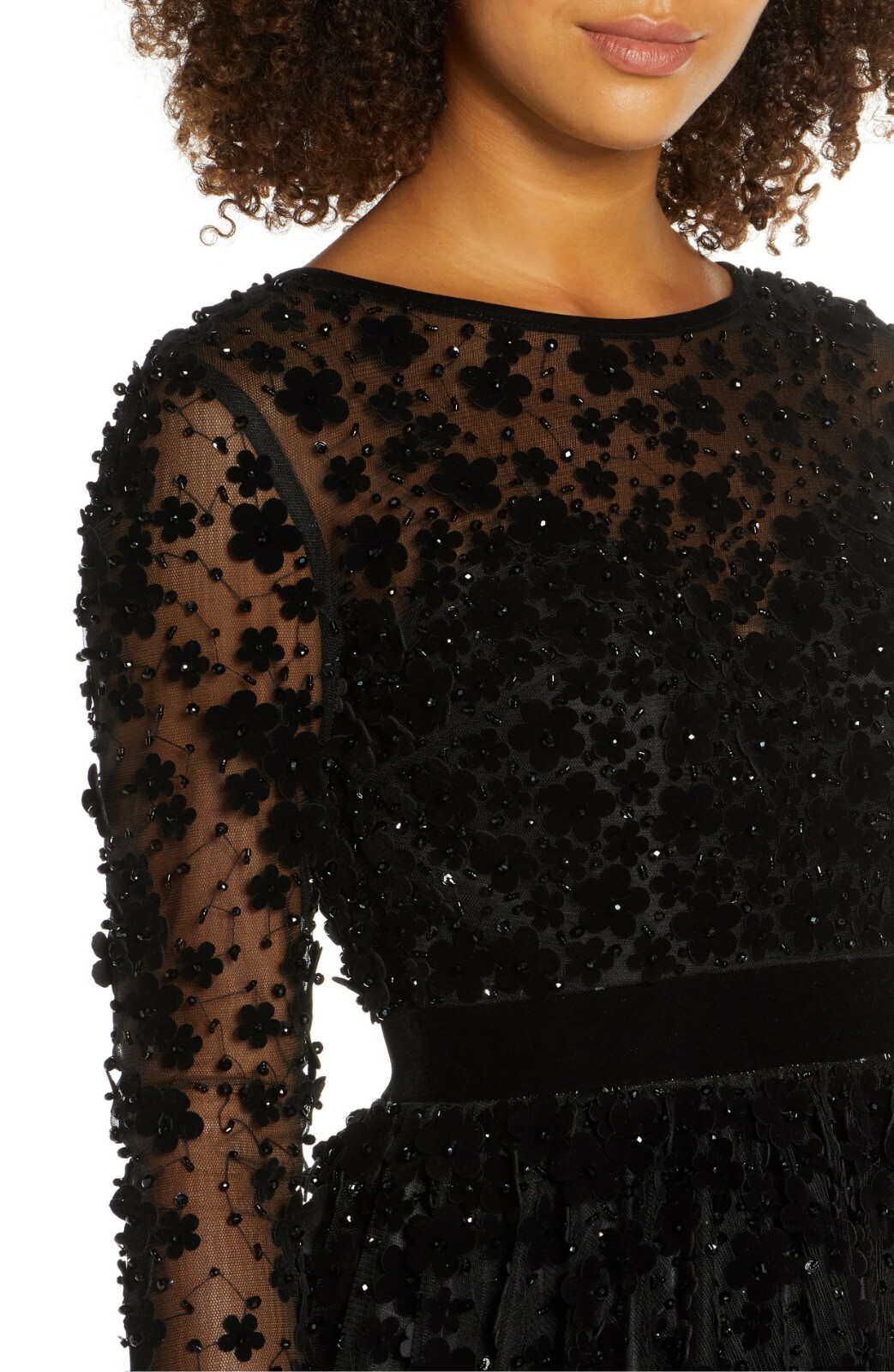 MAC DUGGAL 67007D Black Floral 3D Luxe Velvet Sheer Long Sleeve Tea Dress 10 US