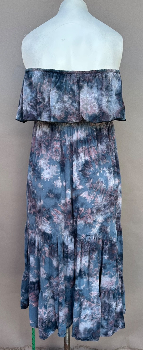 Blue Tie Dye Strapless Smocked Midi Dress M L Tiered Boho Ruffle Summer Beach