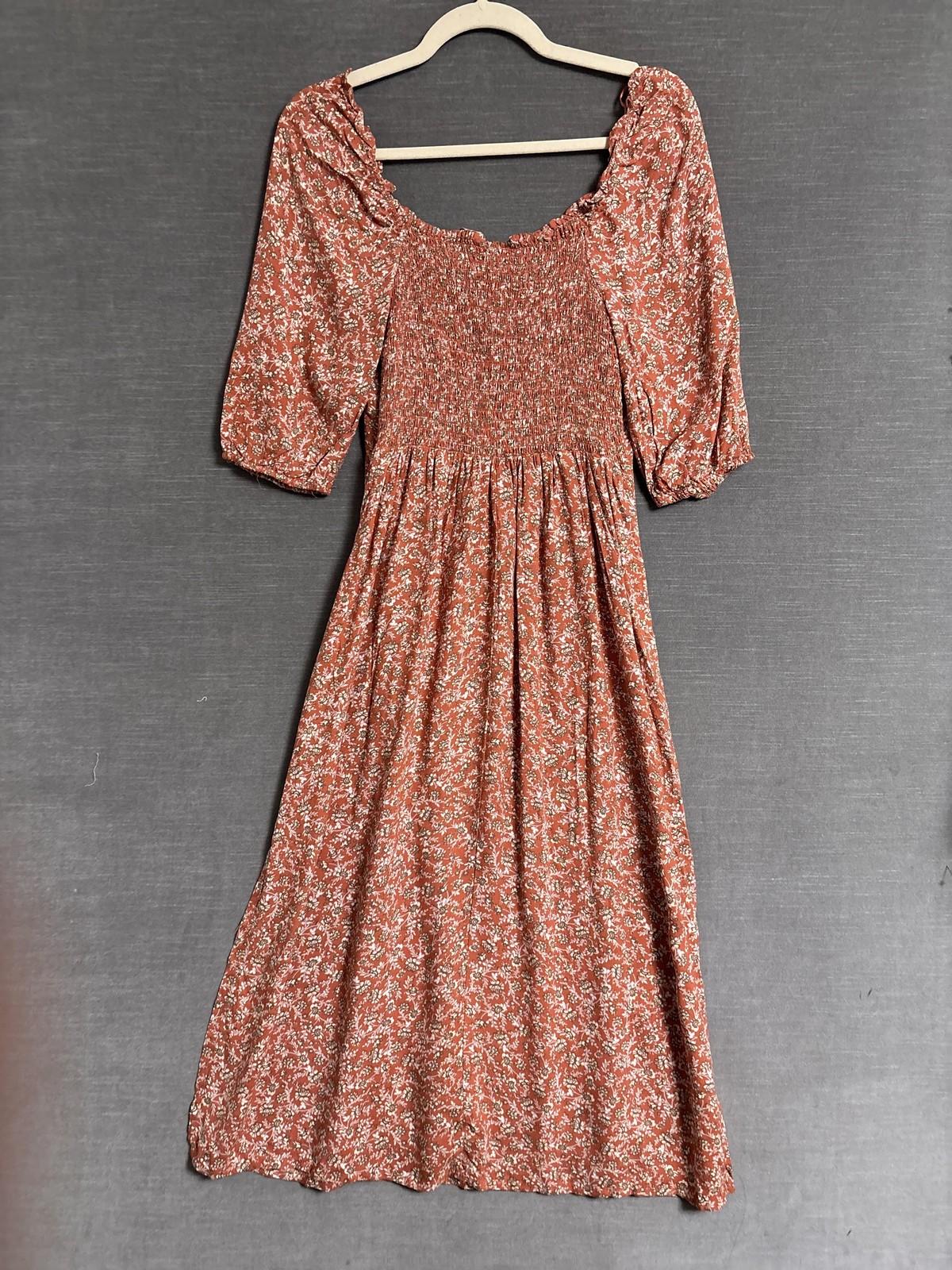 Sincerely Jules Dress M Rust Brown Floral Puff Smocked Midi Boho Cottage Fall