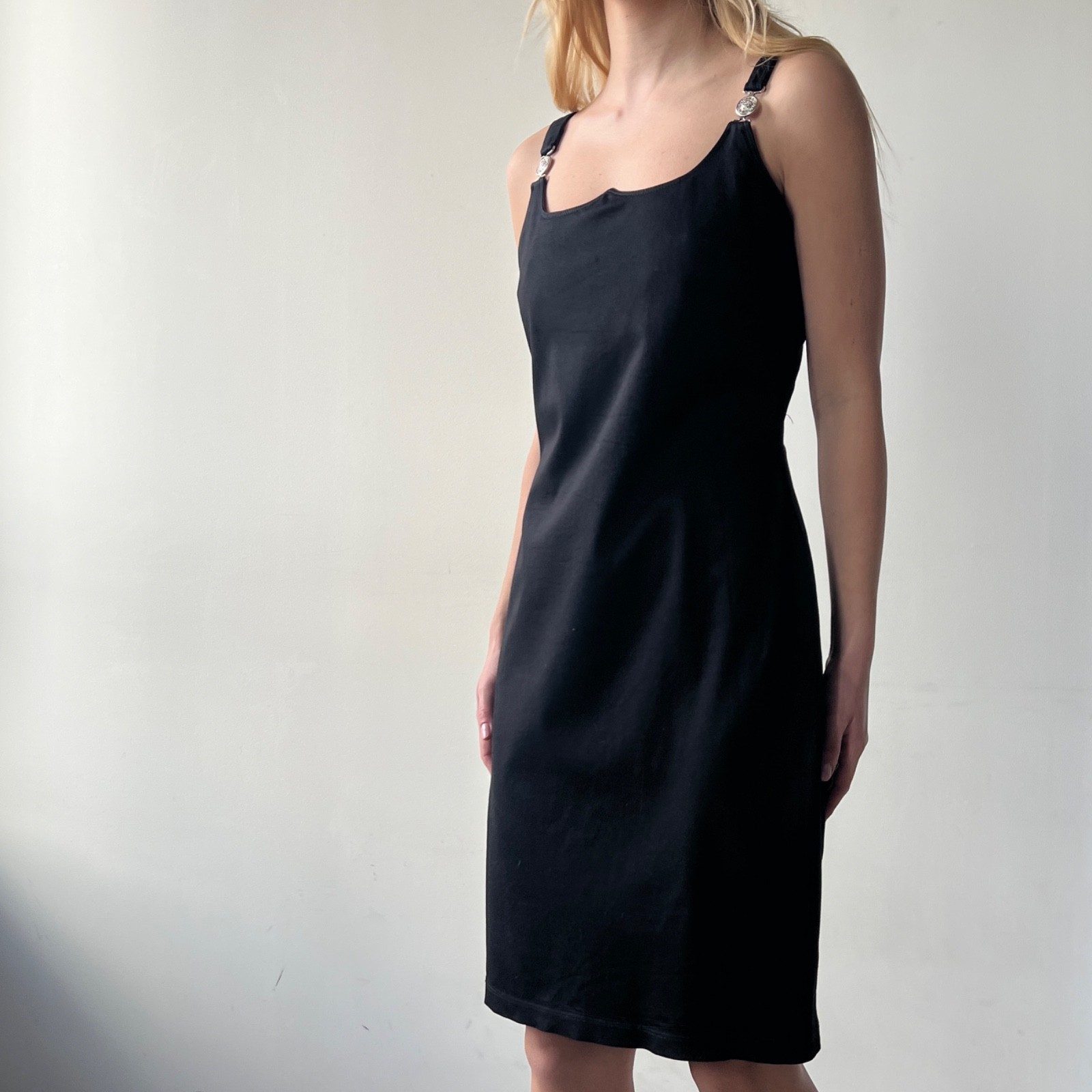 Versace Jeans Couture Vintage Black Midi Dress Medusa Strap Detail Bodycon XS/S