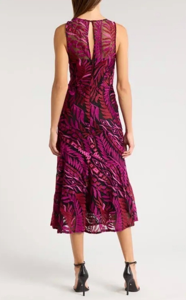SAM EDELMAN Laurel Leaf Embroidered Midi Dress Sz 12 Pink Red Black Sleeveless