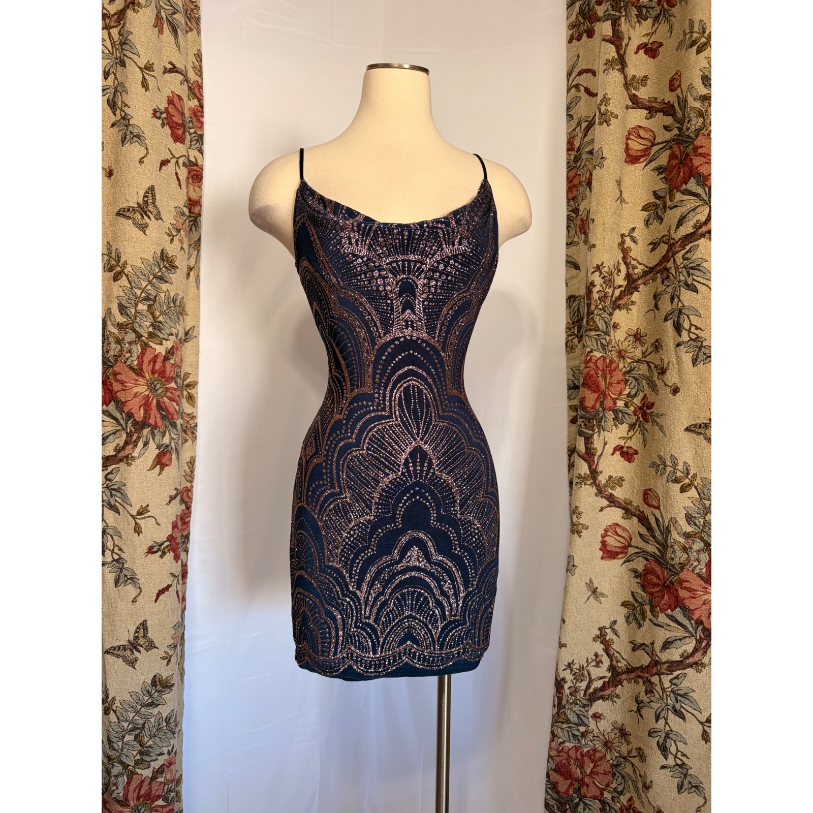 Jump Apparel Navy blue and Rose Gold Glitter Art Deco Cowl Neck Mini Dress