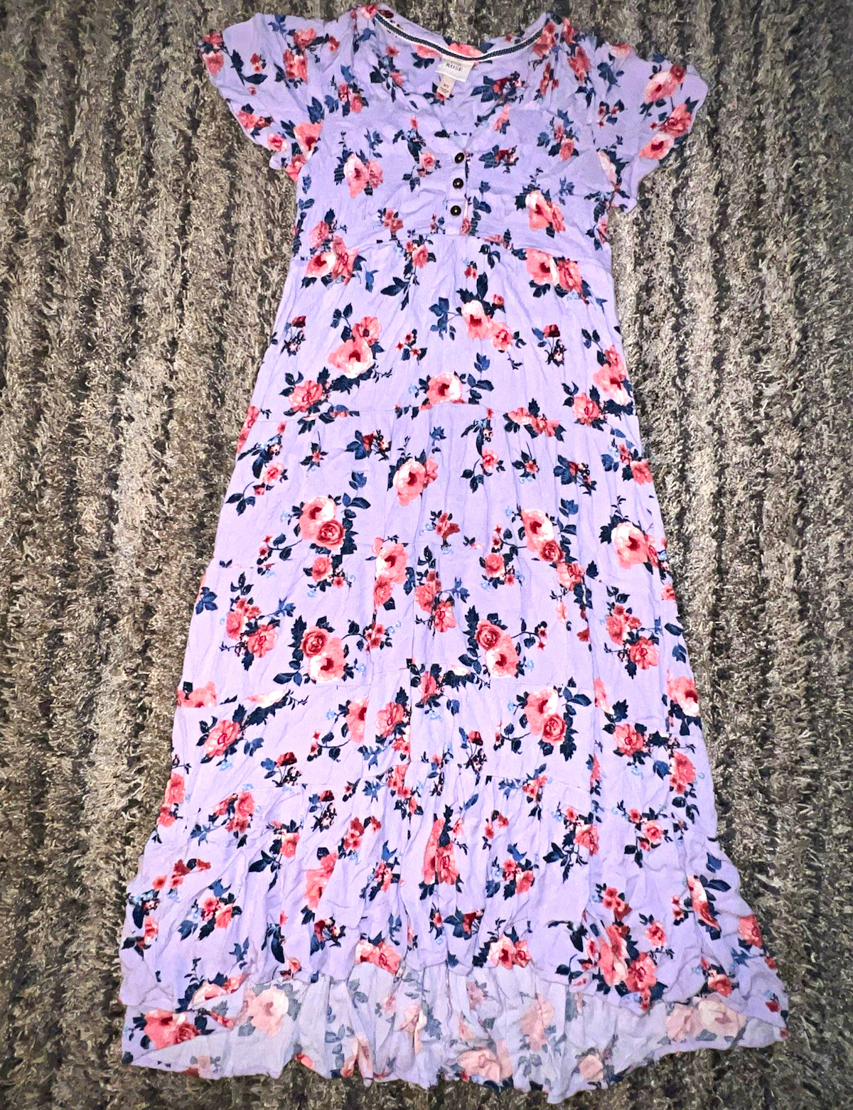Knox Rose XS Purple Floral V-Neck Button Front Flutter Sleeve Maxi Dress
