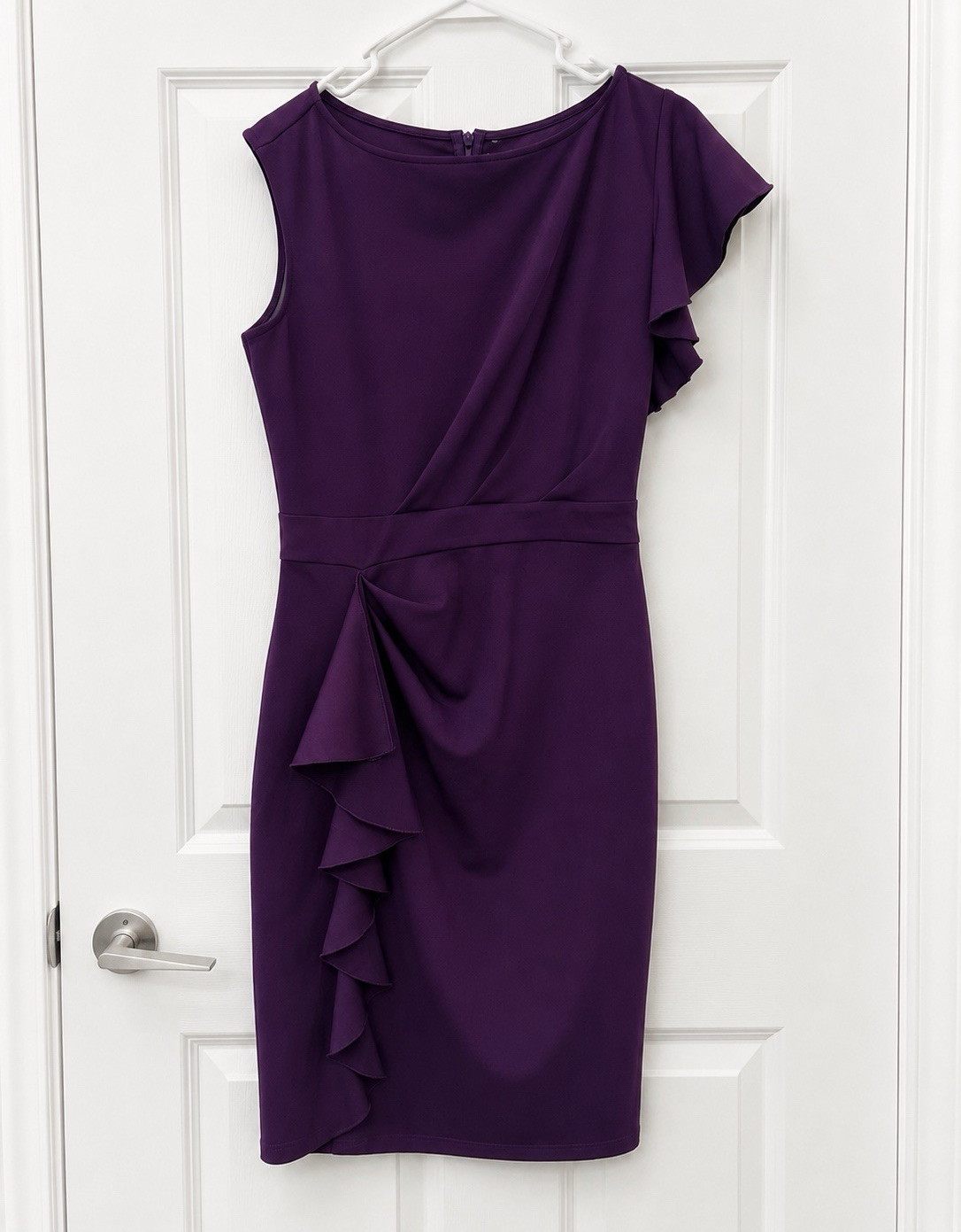 Miusol Womens Purple Solid Sheath Dress Boat Neck Ruffle Cap Sleeve Knee M
