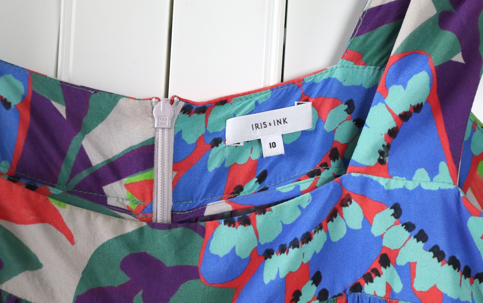 IRIS & INK $260 Shirred Vibrant Floral Print Maxi Apron Tank Dress Size 10