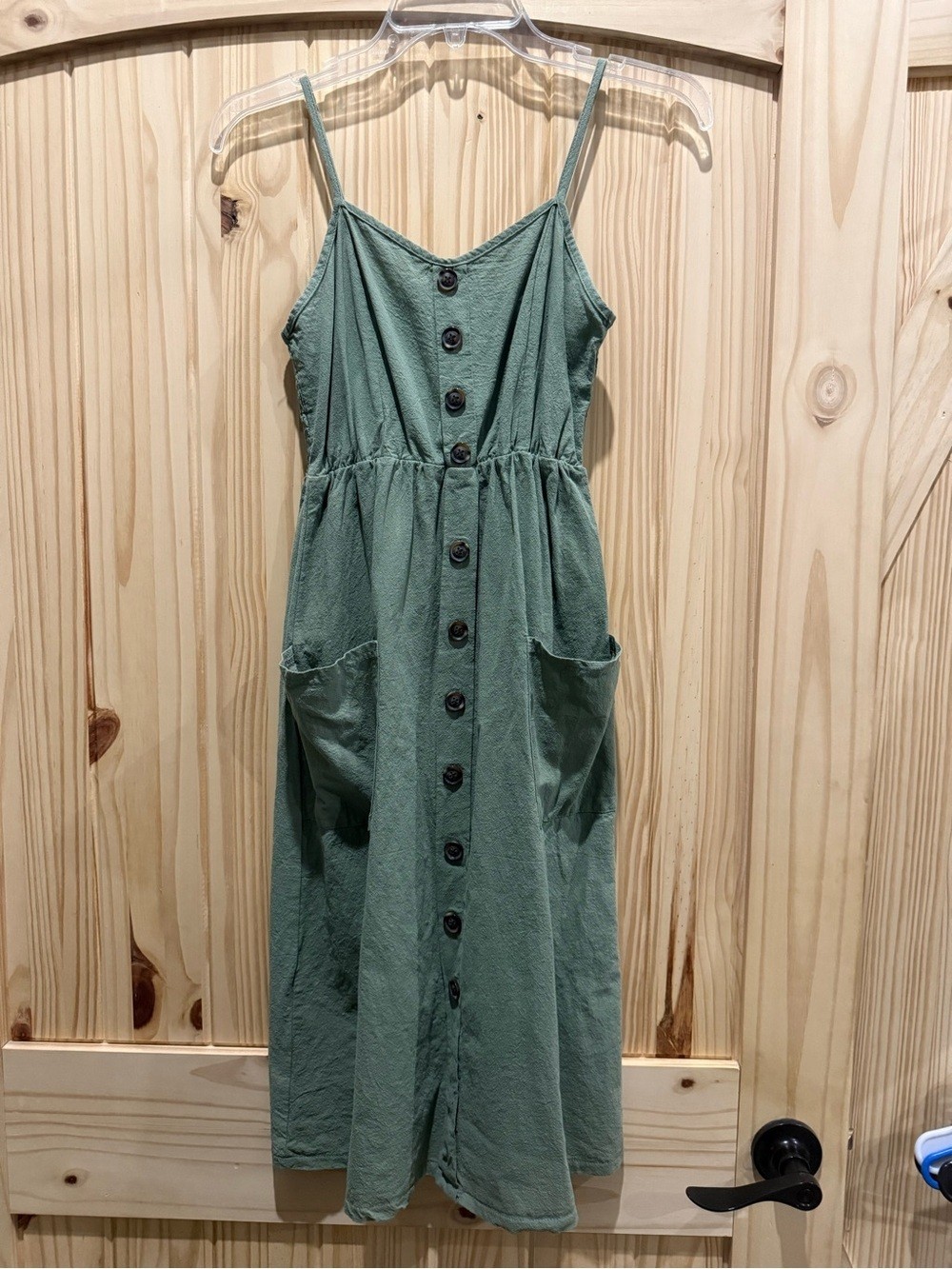 Spaghetti Strap Button-Front Green Dress with pockets, Size Small