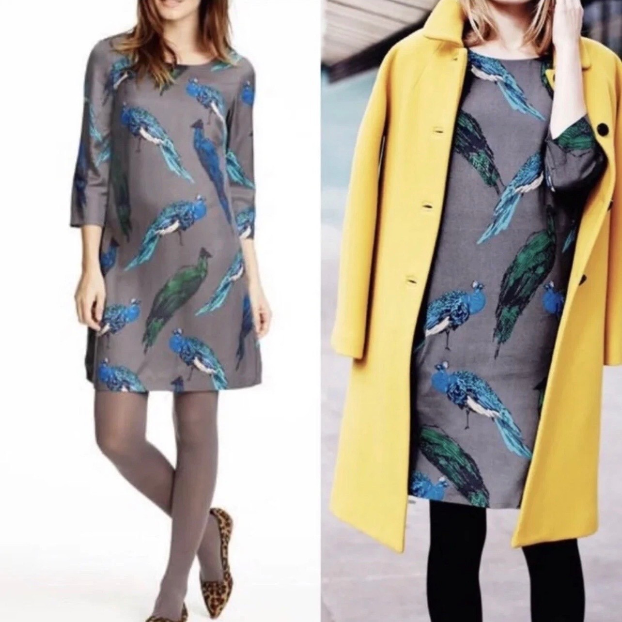Boden Grey Peacock Print Shift Dress 3/4 Sleeve Blue Green Bird Pattern 12L