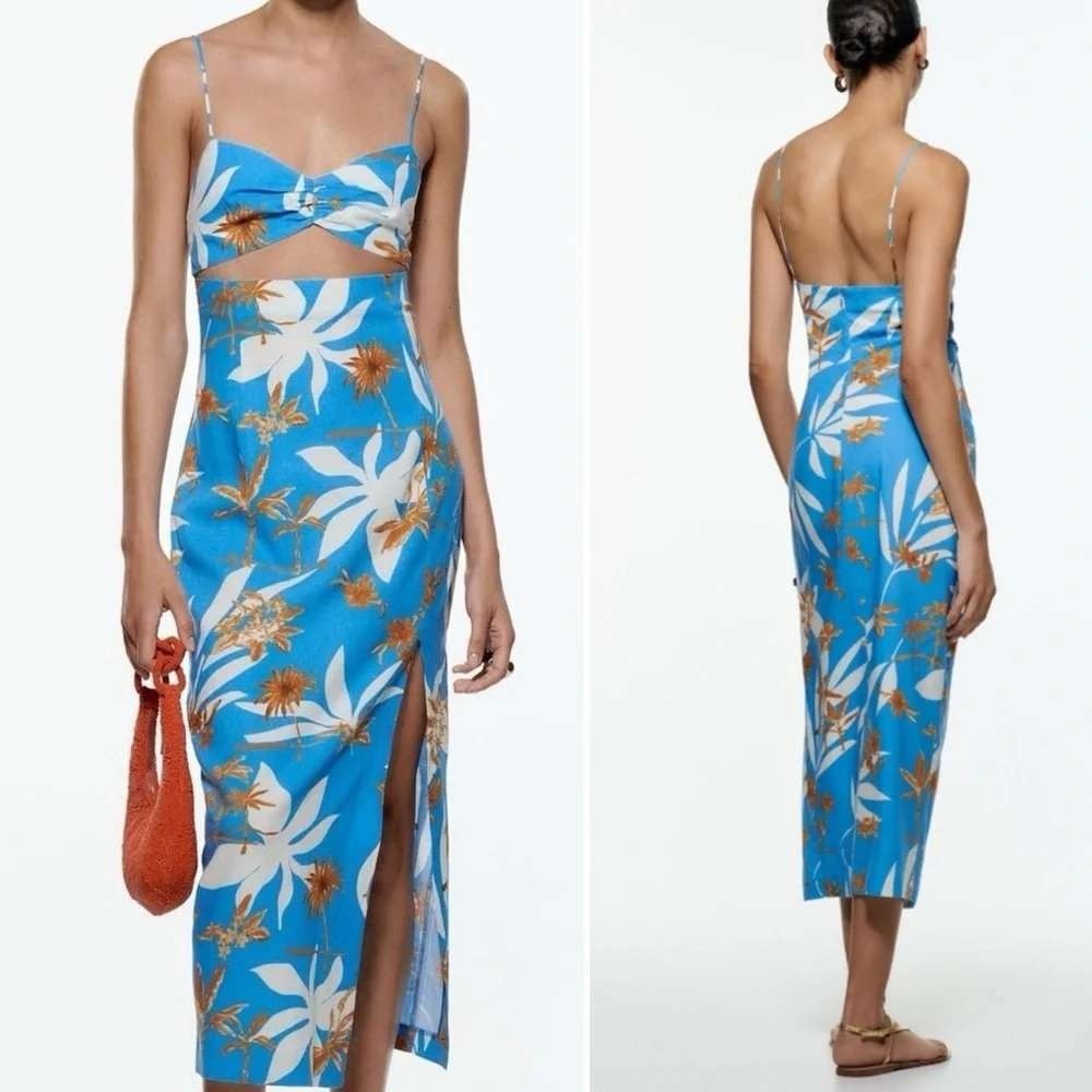 Zara Womens Linen Blend Midi Dress XS Blue Resort Tropical Cut Out Slit