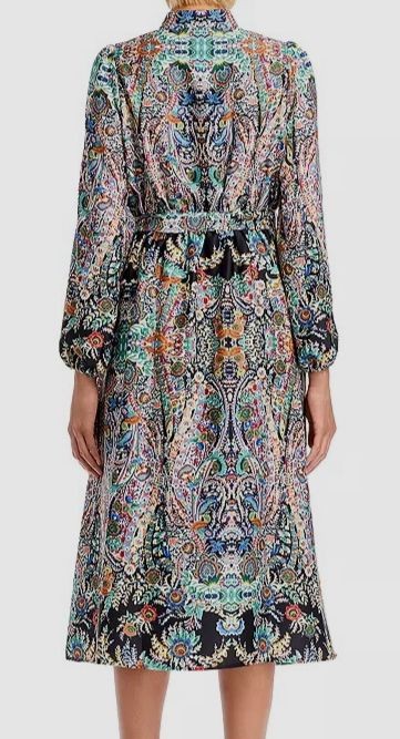 T Tahari Women’s Green Garden Mandarin Collar Long Sleeve Self Tie Dress Size L