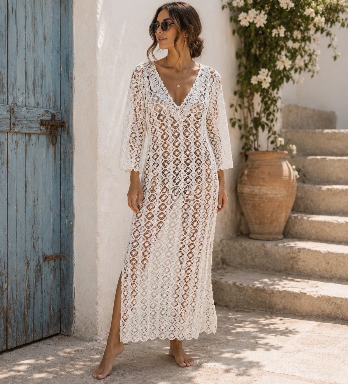 NEW One Season Dress Womens Small White Midi Sheer Lace Crochet Beach Cover Up