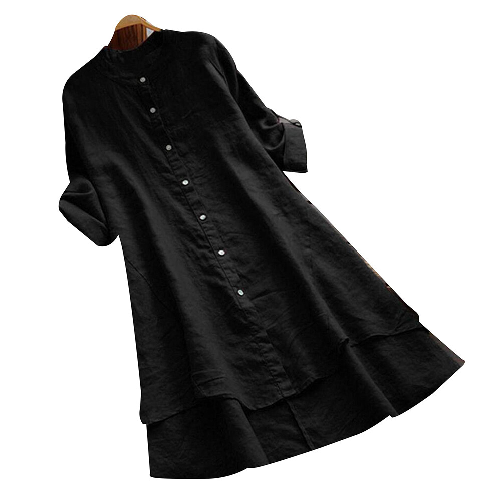 Womens Solid Ruffel Pleated Shirt Dress Long Sleeve Round Neck Casual Dress US