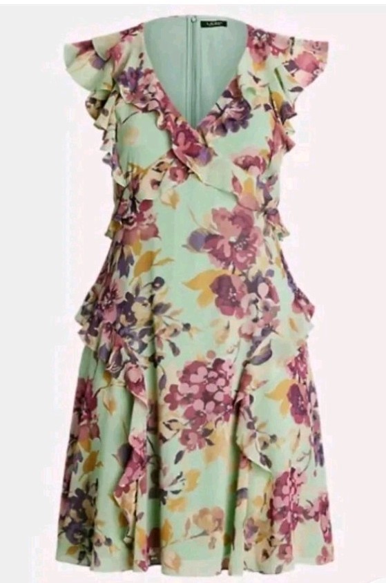 Lauren Ralph Lauren Petite Mint Green Floral Ruffle Sleeveless Midi Dress 6P