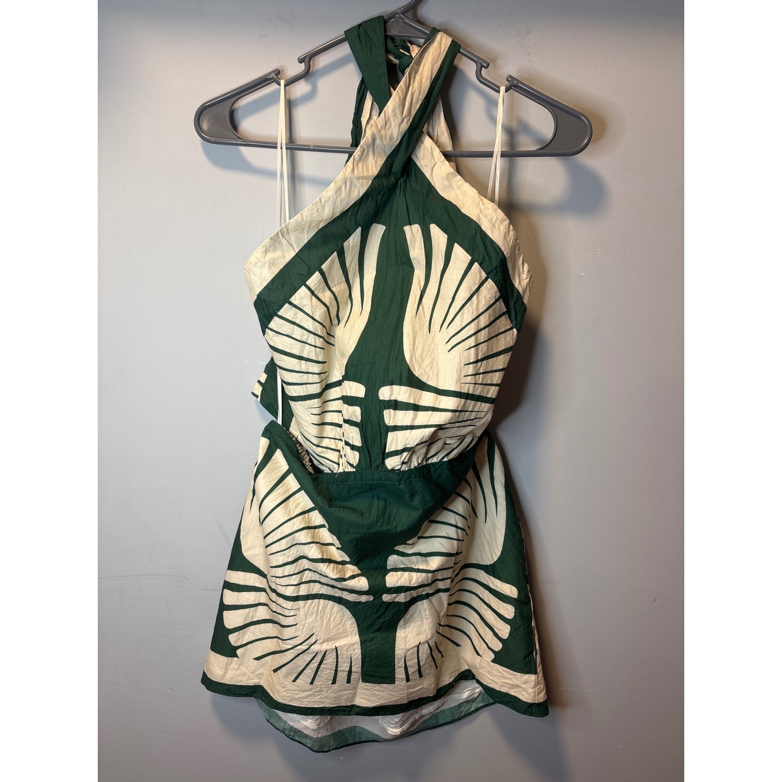 Luxxel Green Shell Print Halter Mini Dress Open Back Cotton LD11135 Small Boho