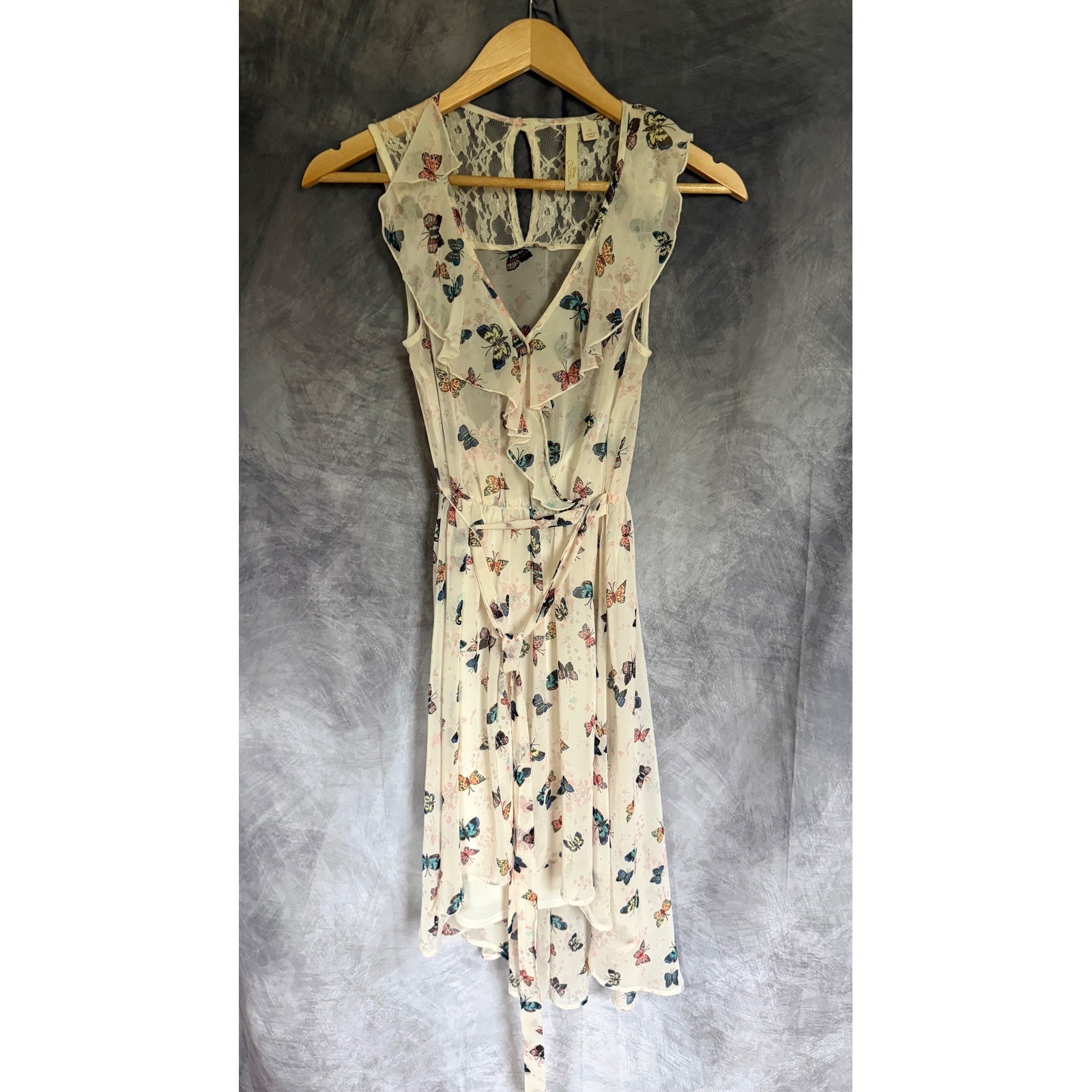 Disney Cinderella Butterfly Print Lace Back High Low Dress Womens Small Cream