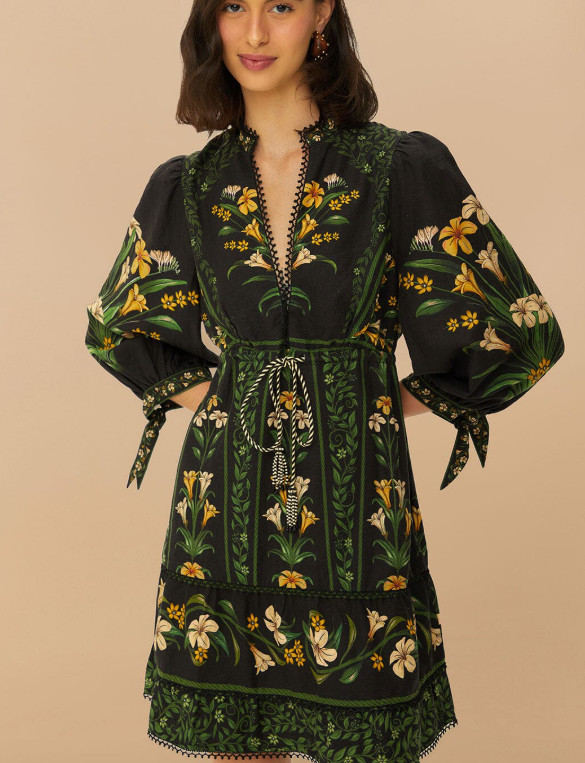 NEW, Farm Rio Black Flowers Arch Lenzing Ecovero Euroflax Mini Dress S #MD1132