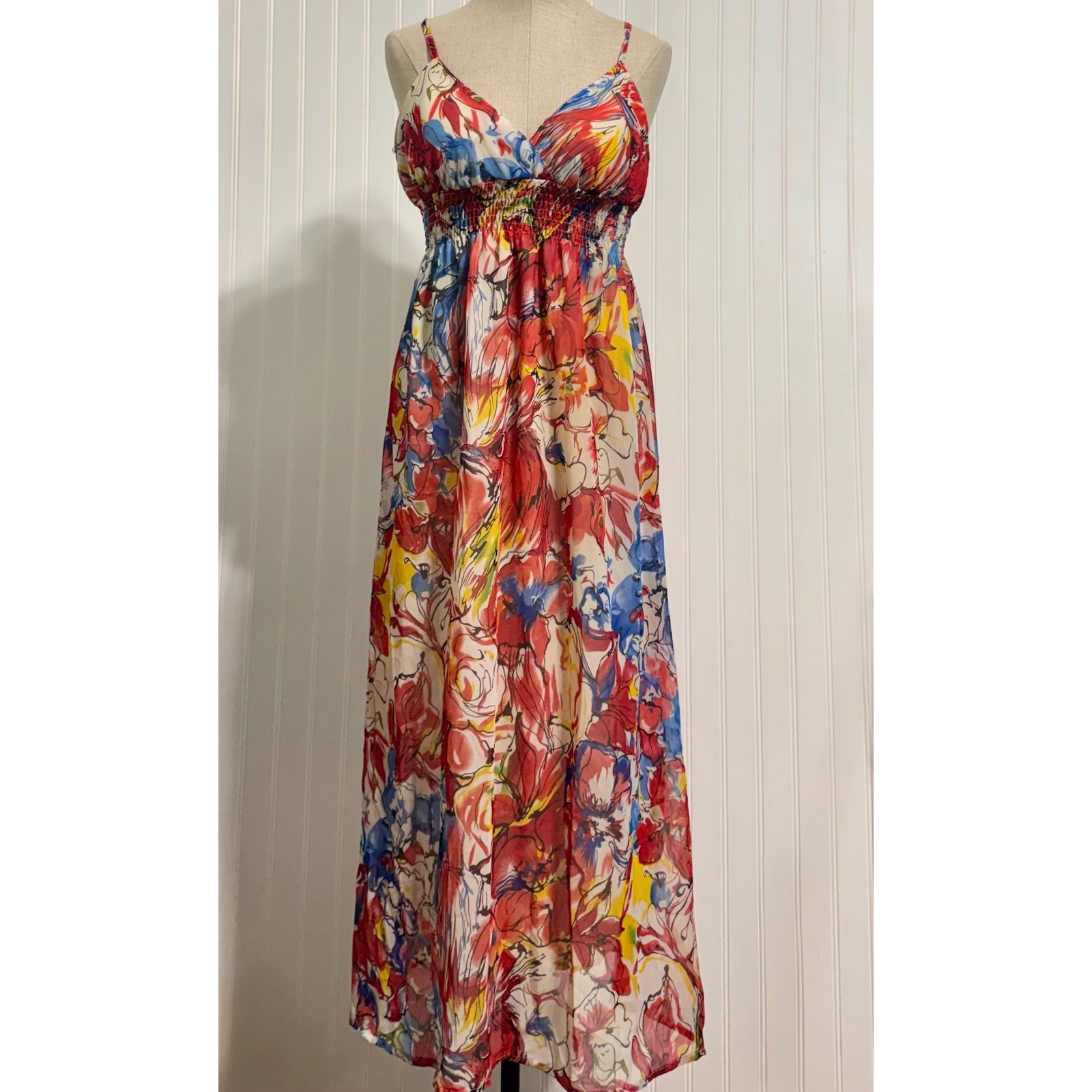 She’s Cool Y2K Watercolor Floral Smocked Maxi Dress Womens S Sheer Fairy Boho