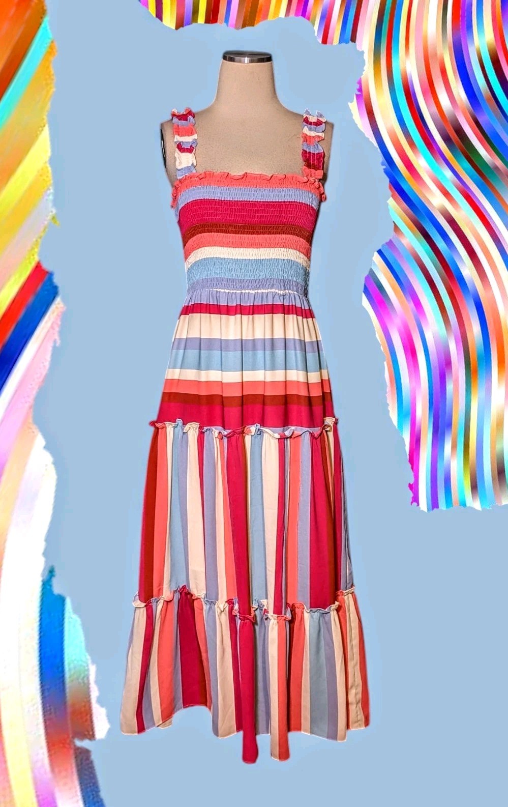 RAINBOW Striped SMOCKED Tank Maxi SUNDRESS Dress Peasant BOHO Women’s Medium