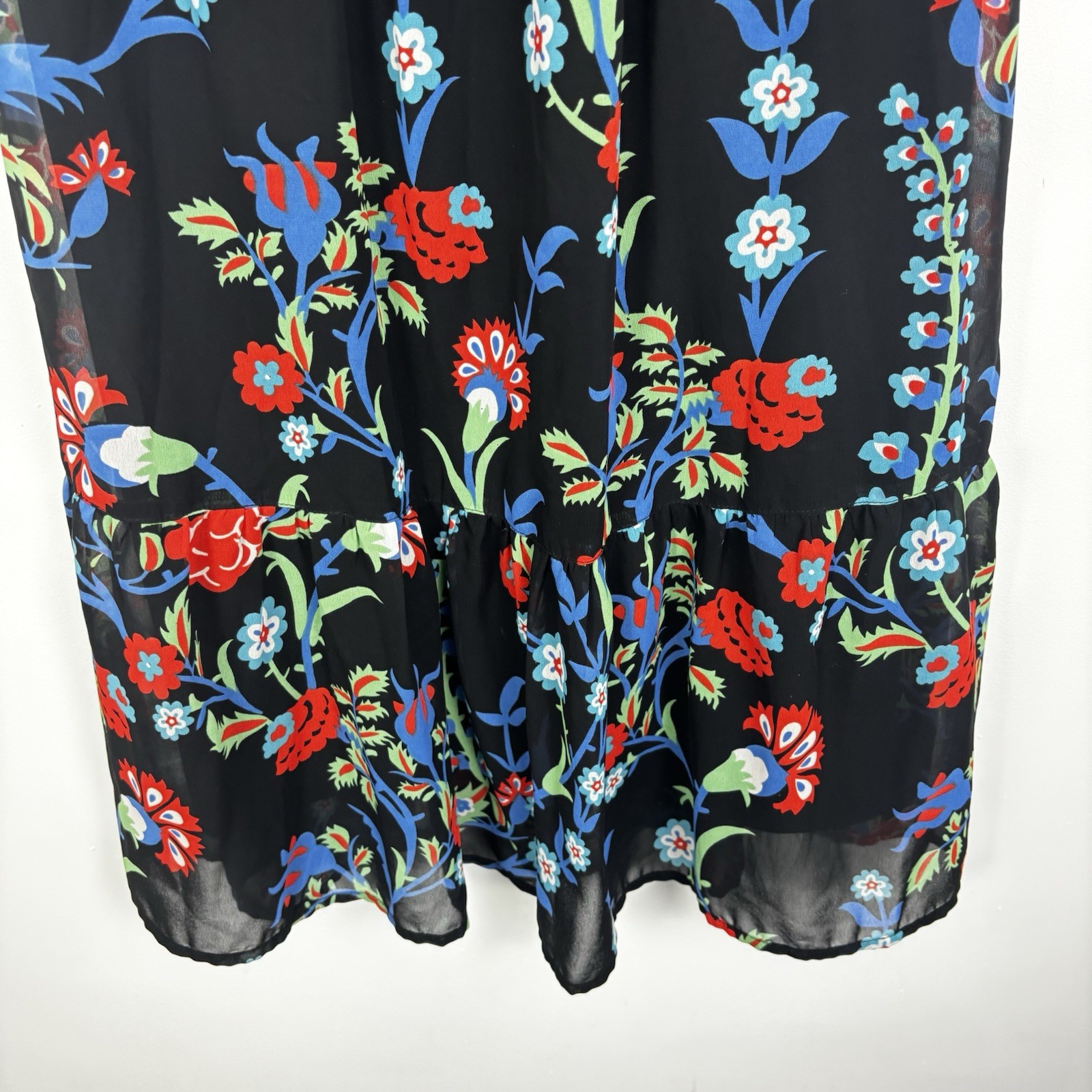 Anthology Black Floral Midi Dress Boho Western Size 10 Tassle Neck Sheer