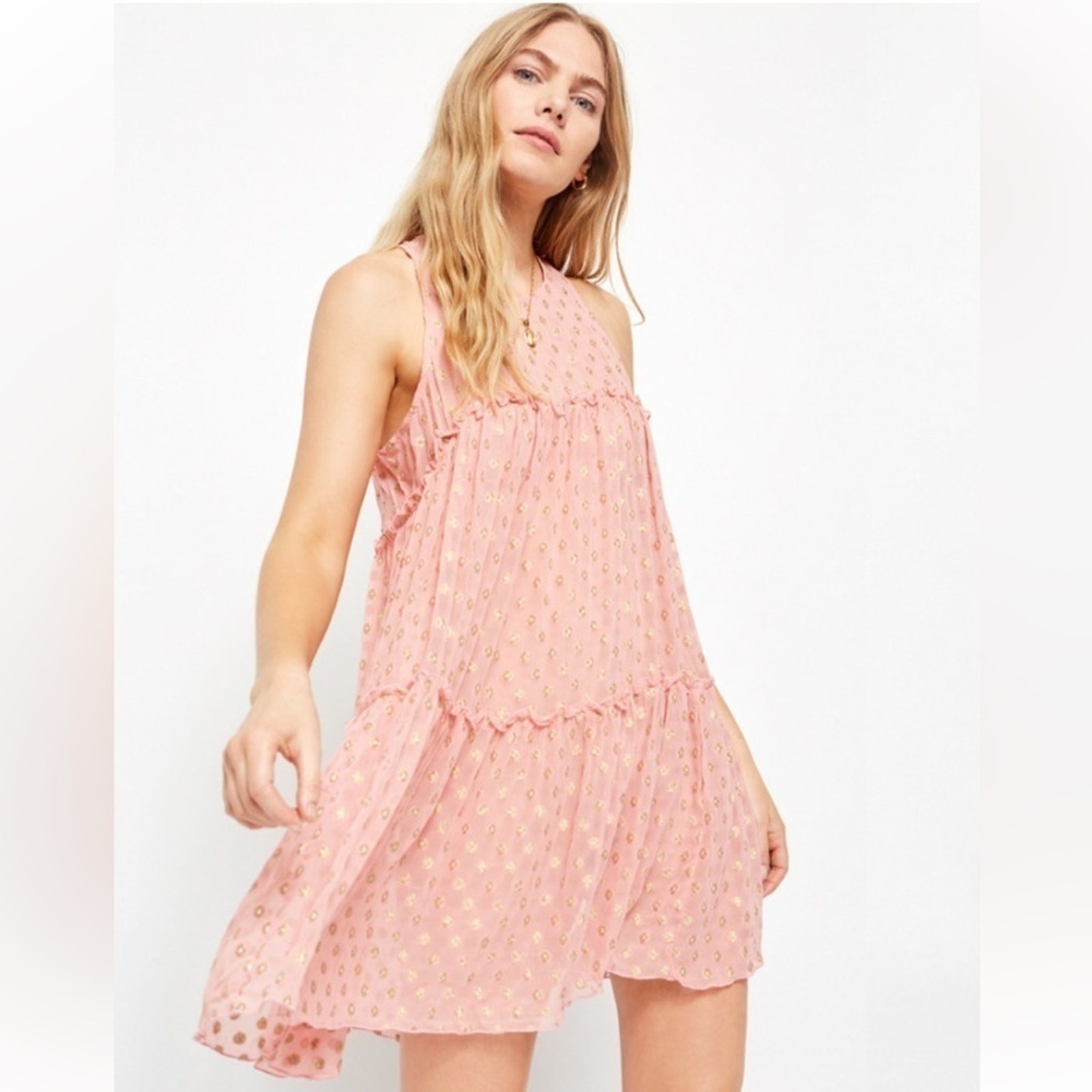 Free People Sophia Tiered Slip Dress Open Back Pink Gold Polka Dots Women’s XS