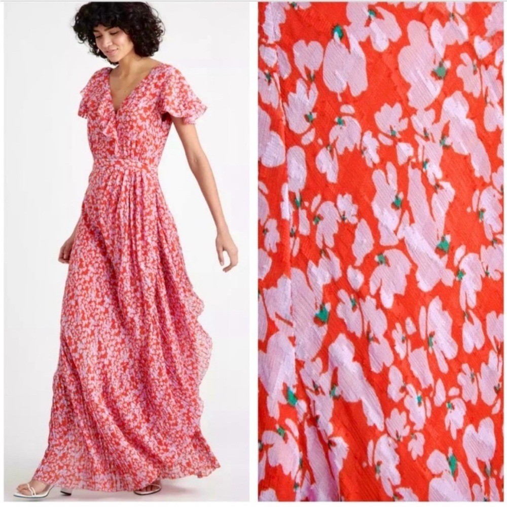 Tanya Taylor Red and White Ruffled Maxi Dress