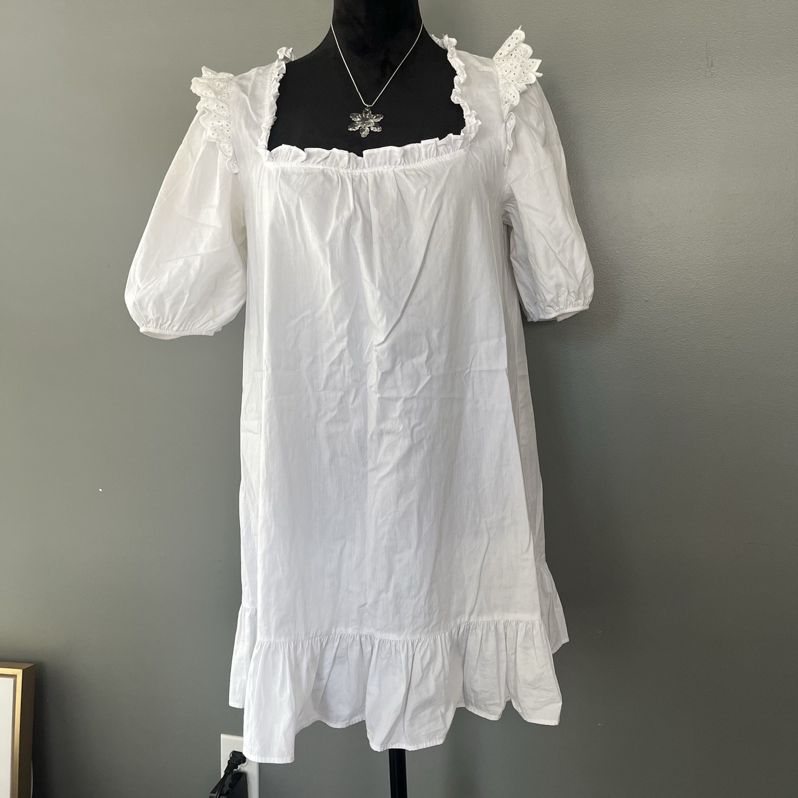 ZARA Women’s White Mini Dress Square Neck Puff Sleeve Eyelet Ruffle Size L