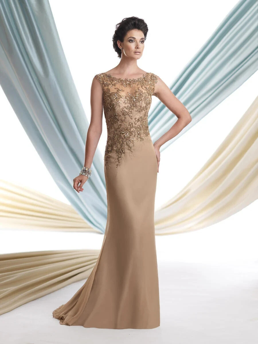 Montage By Mon Cheri Taupe Beaded Embroidered Chiffon Gown Size 6 $478