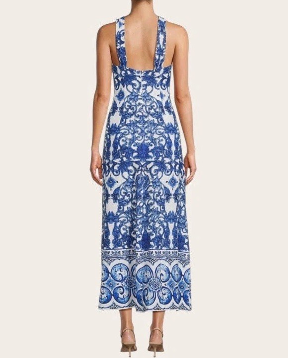 Antonio Melani Bronwyn Blue Tile Print Linen Blend A-Line Halter Maxi Dress SZ 4