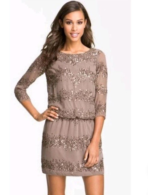 Adrianna Papell Sequin Blouson Mini Dress Taupe with 3/4 Sleeves Size 14 New