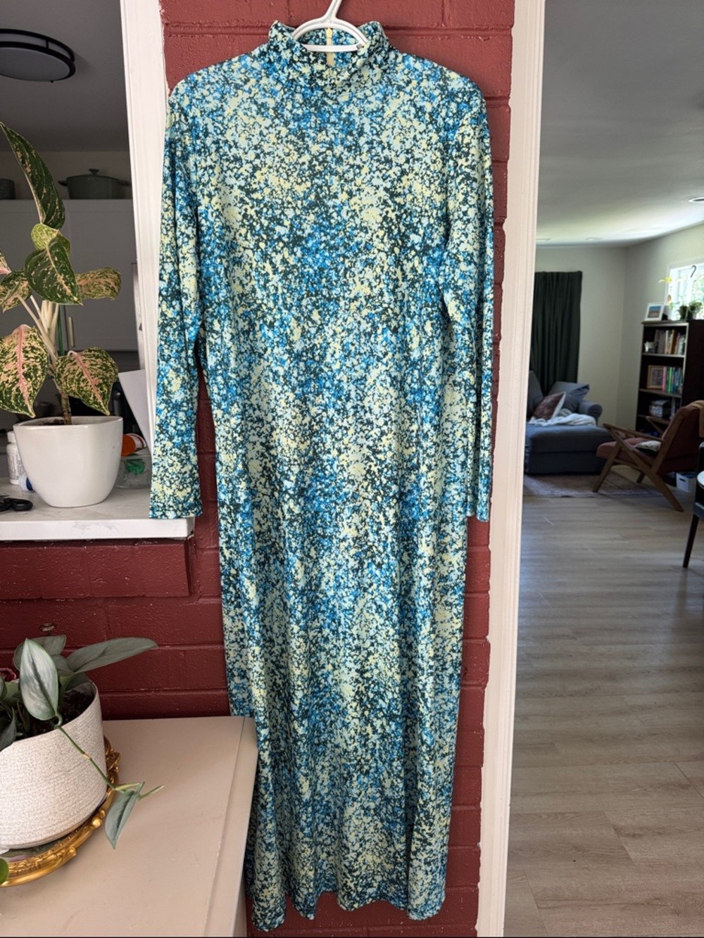 Tuckernuck Ellery Splatterpaint Blue, Yellow, and Black Long-Sleeve Maxi Dress