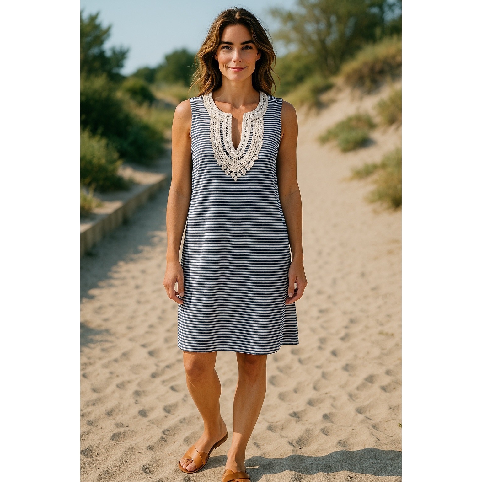 Harper 241 XL Striped Dress Sleeveless Crochet Neckline Blue White