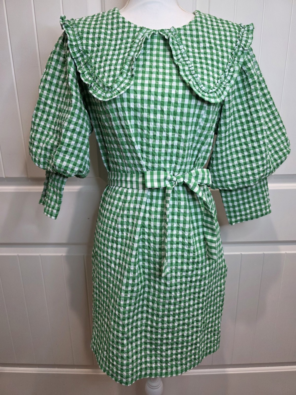 Reserved Green Gingham Seersucker Mini Dress Peter Pan Collar Belted EU40 UK12