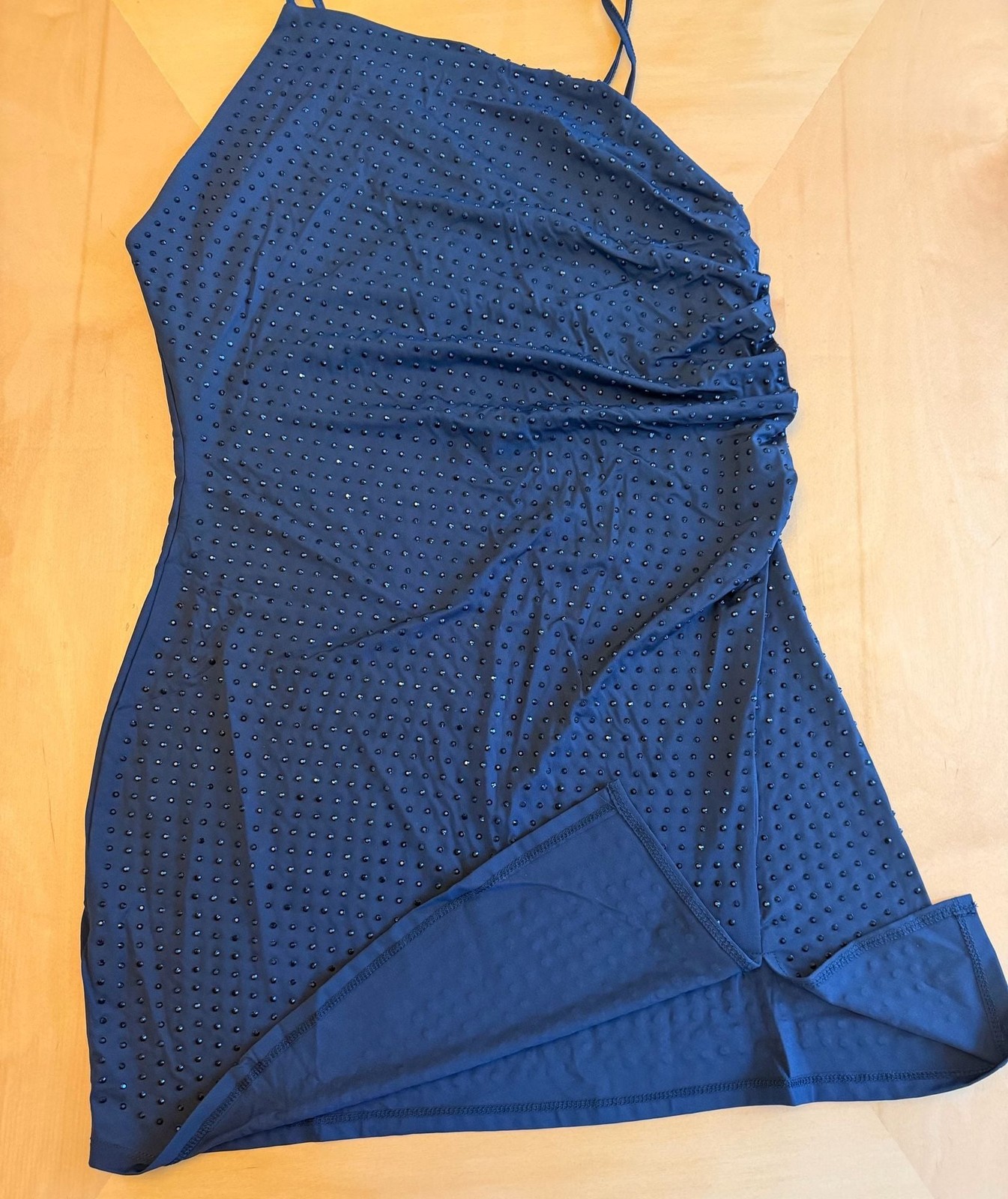 MNG Mango Dark Blue Crystal Embellished Draped Mini Dress