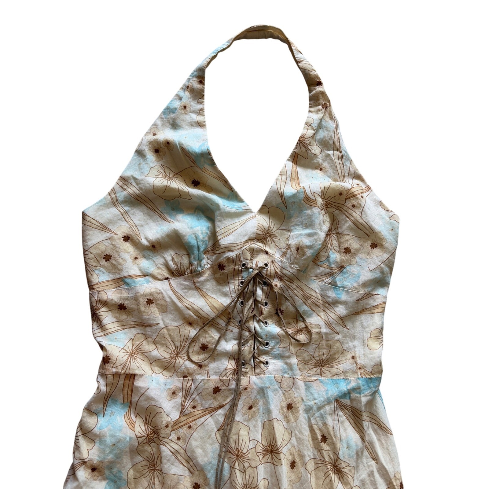 Halter Dress Boho Y2K Laundry by Shelli Segal Women 2 Beige Floral Lace Up