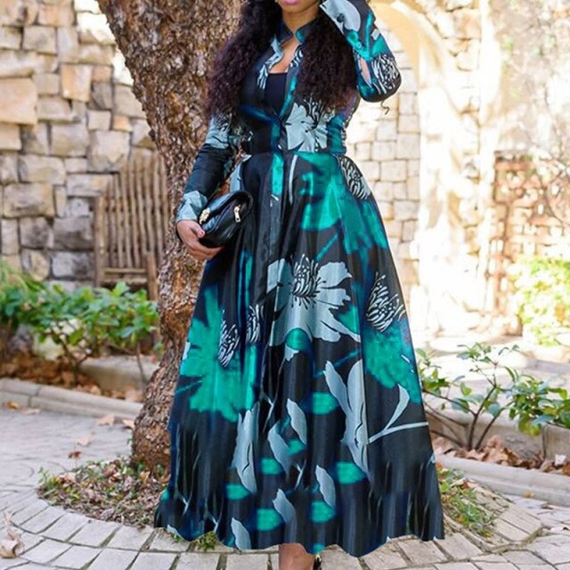 Long Sleeve Round Neck Digital Print Maxi Dress S Red