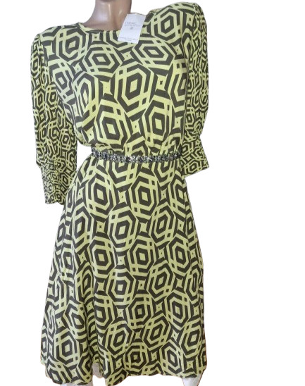 NWT Next Generation Olive Green Geometric Viscose Midi Dress Drop Waist Size UK