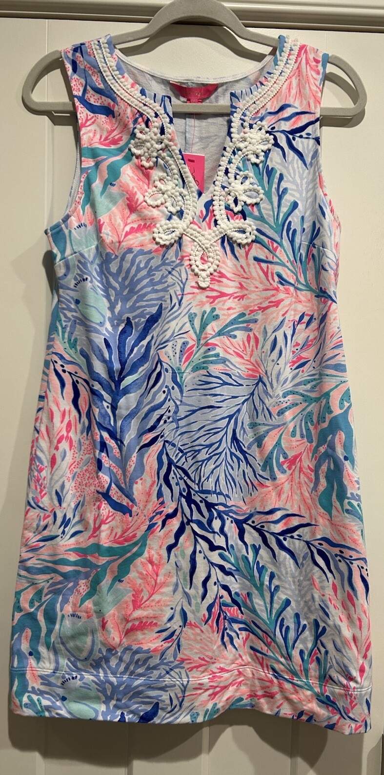 NWT Lilly Pulitzer Harper Shift Dress Crew Blue Kaleidoscope Coral Size Medium