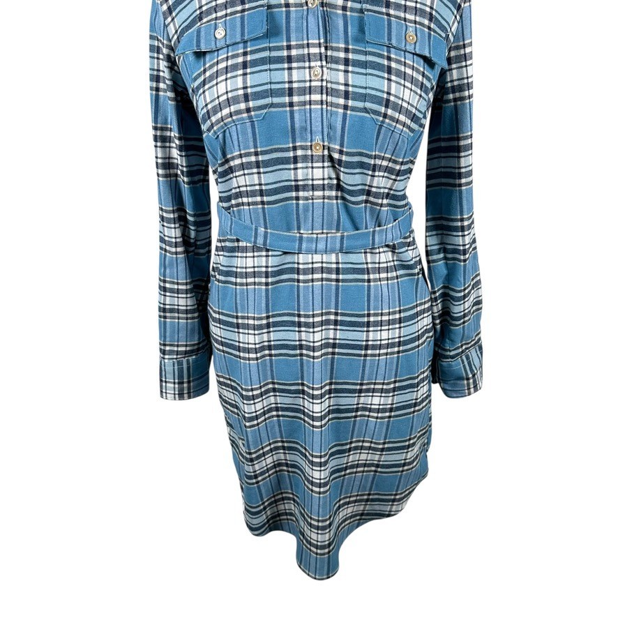 Peter Millar Blue Plaid Shirt Dress Flannel Belted Roll Tab Slvs Preppy Size S